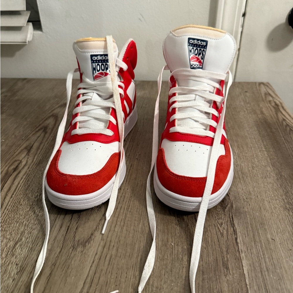 Adidas High Top Red and White Hoops Sneakers - worn once. Slight stain on laces.